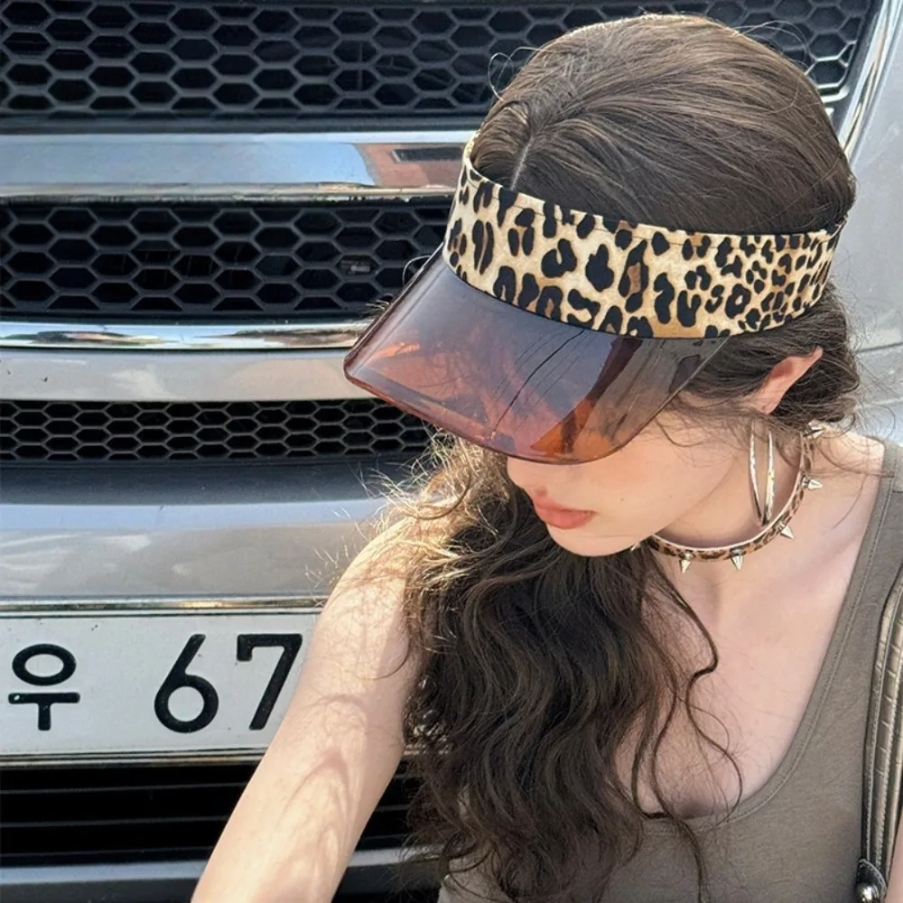 

Fashion UV Protection Leopard Print Visor Cap Sunscreen Solid Color Transparent Hollow Hat Adjustable Cool Sun Hat Unisex