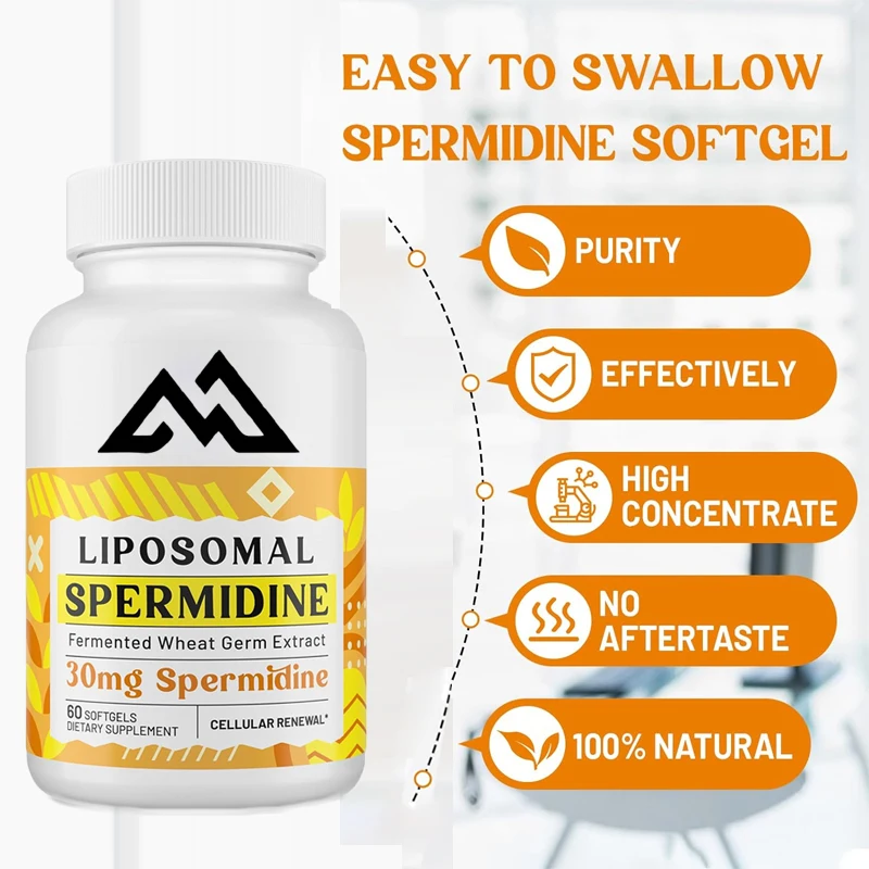 30mg Spermidine supplement, high absorption, fermented wheat germ extract, cell renewal, long lifespan, 60 softgel capsules