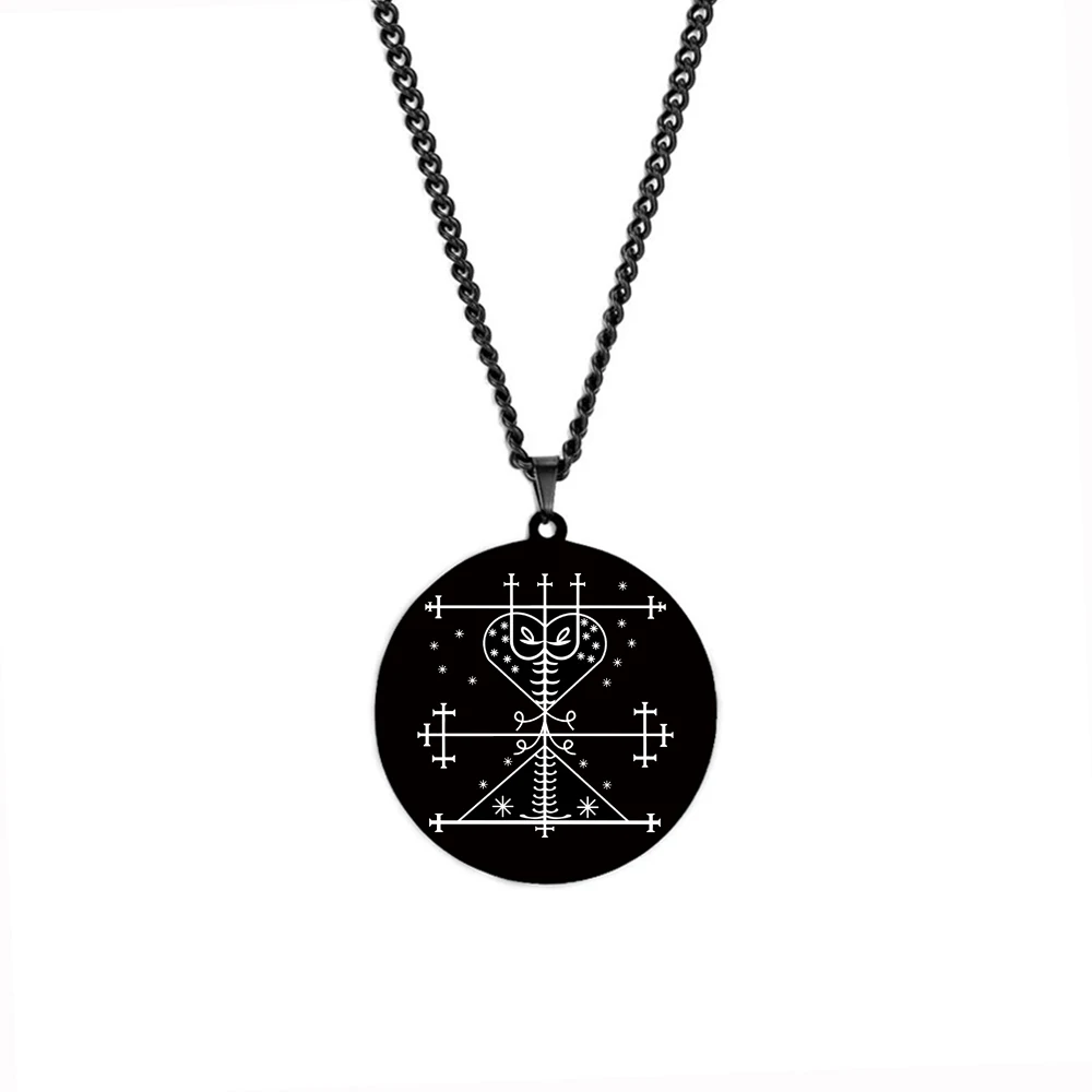 Black Color Voodoo Veve Symbols Sigil Charm Jewelry Vodou Lwa Loa Amulet Talisman Stainless Steel Pendant Necklace