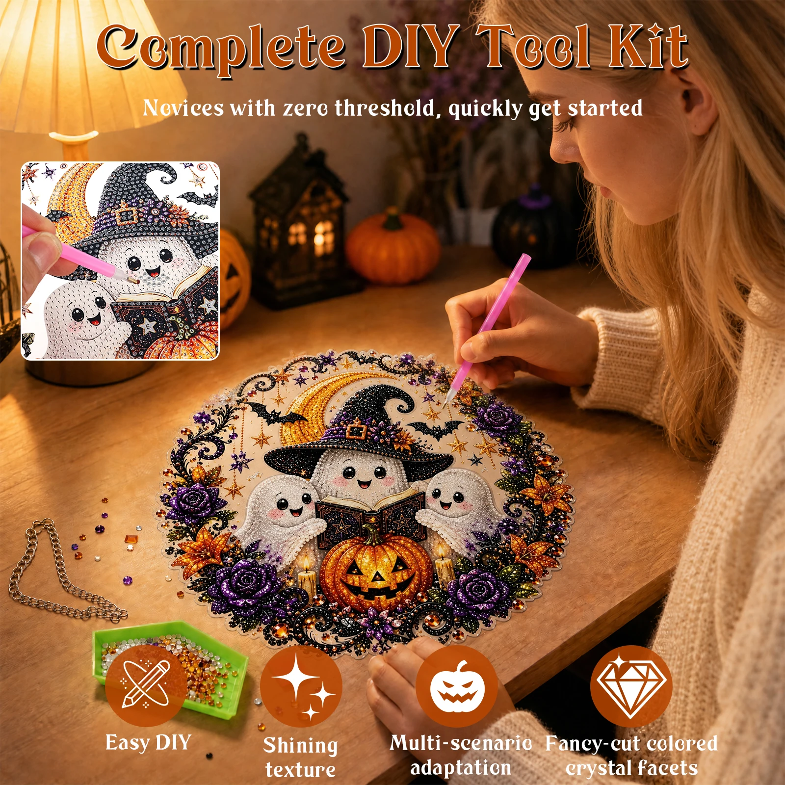 Halloween 5D Diamond Art Hanging Ornament Kit DoubleSide Diamond Drawing Craft DIY Hanging Pendant Window Decor for Home Holiday