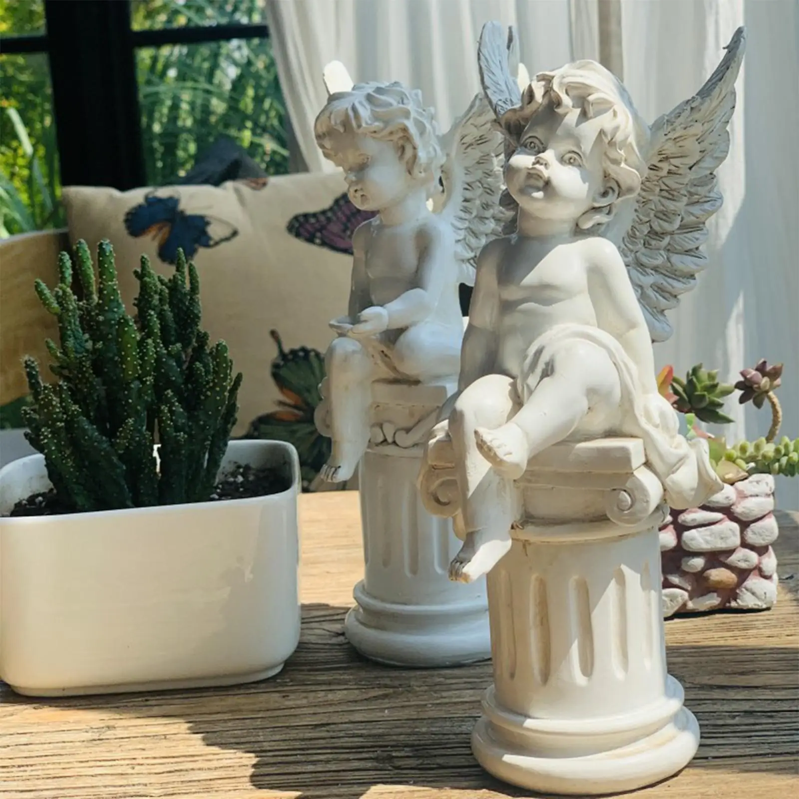 2 Pieces European Garden Figurines Greek Column Memorial Props Resin Cherub