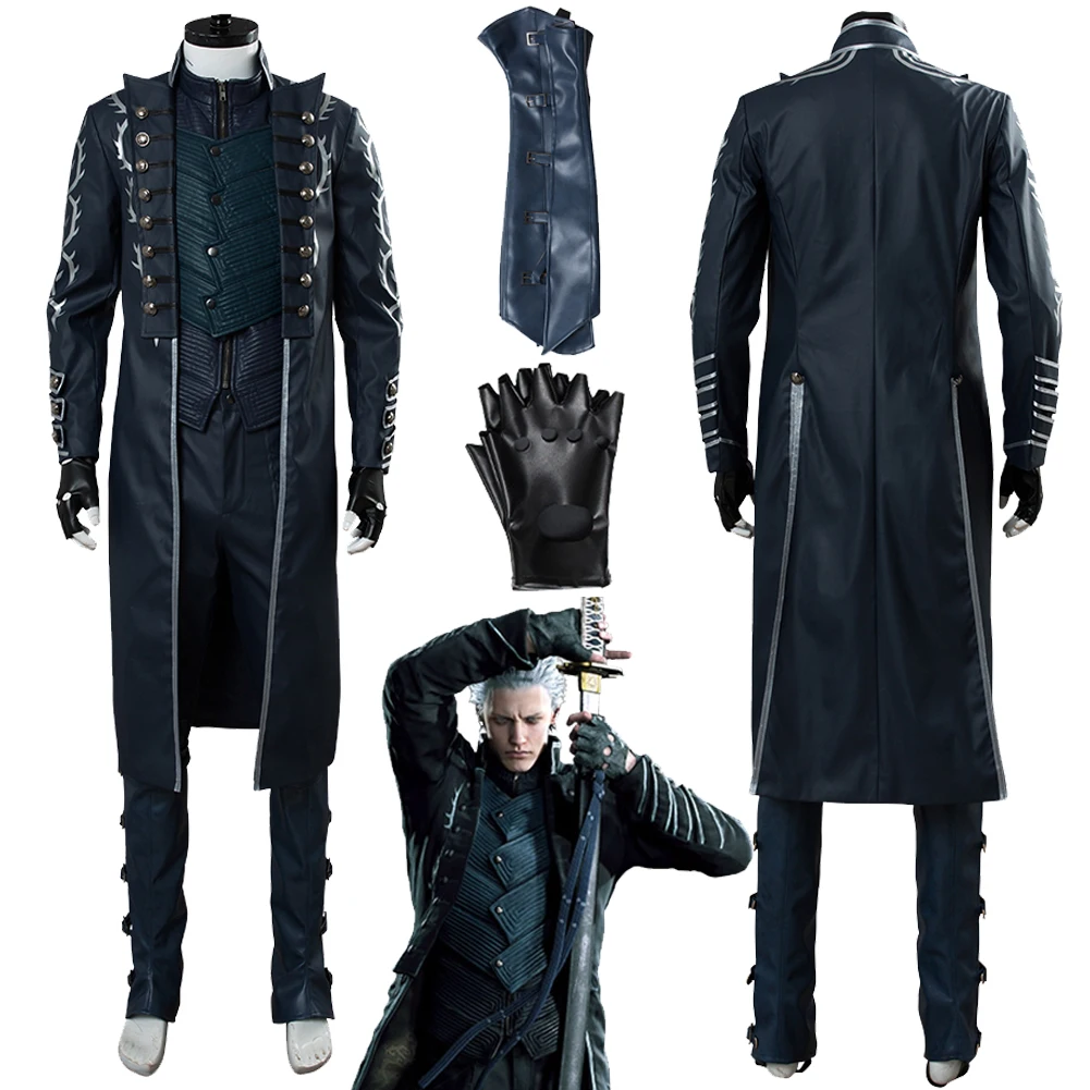 Vergil Cosplay Fantasie Handschoenen Outfits Spel Dmc 5 Kostuum Vermomming Full Set Jongens Volwassen Mannen Halloween Rollenspel Fantastia Pak Man