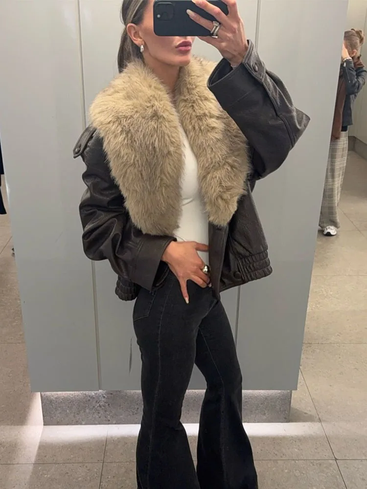 HH Women Winter Casual Short Coat Faux Fur-Effect Lapel Fashion Loose Jacket Female Pocket Button Decoration Chic Warm Jackets