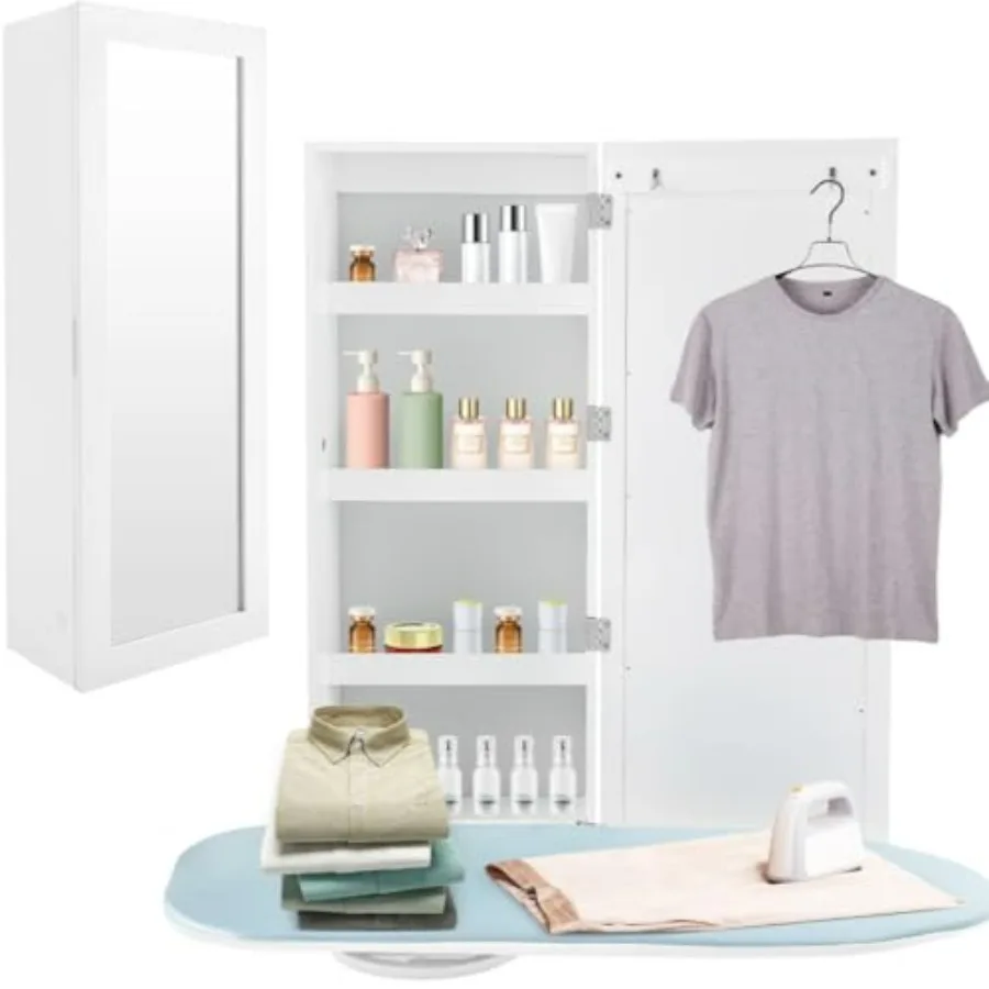 

Swivel Wall Mounted Ironing Board Holder with Mirror Folding Wall Cabinet in Silver for Large Ironing Board 14.18 x 7.09 x 43.3