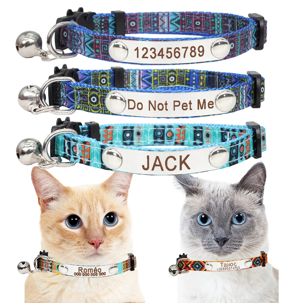 Personalized ID Cat Safety Buckle Collar Bohemia Style Adjustable Custom Nameplate Free Engraving Stainless Steel Nylon Necklace