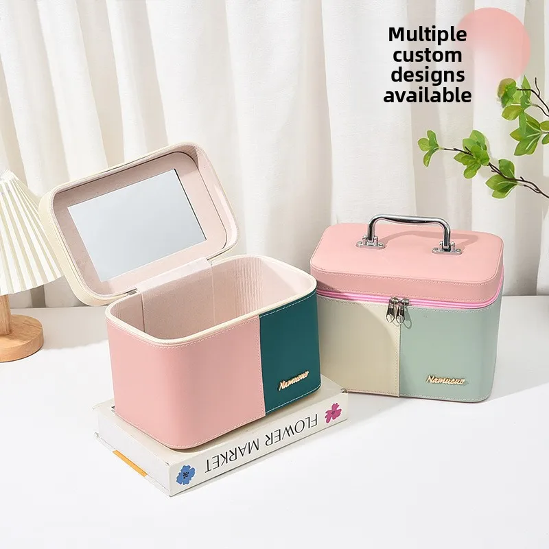 

Косметичка-органайзер с зеркалом в стиле Macaron: свежий и милый дизайн, большая вместимость, из ПУ-кожи, портативная, для дома