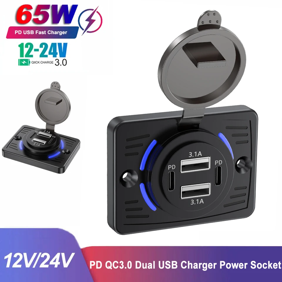 12V/24V Car Charger Socket Dual PD Dual USB Quick Charge with Sliding Cap Outlet Panel Adapter for Truck Camper Accessories
