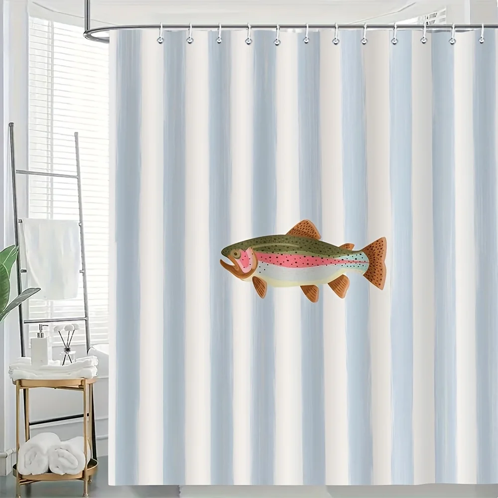 

Крючки для душевой шторки с изображением радужной форели, 2D плоский принт, сине-белые полосы, дизайн с рыбой, белый фон, полиэстер, моющиеся.