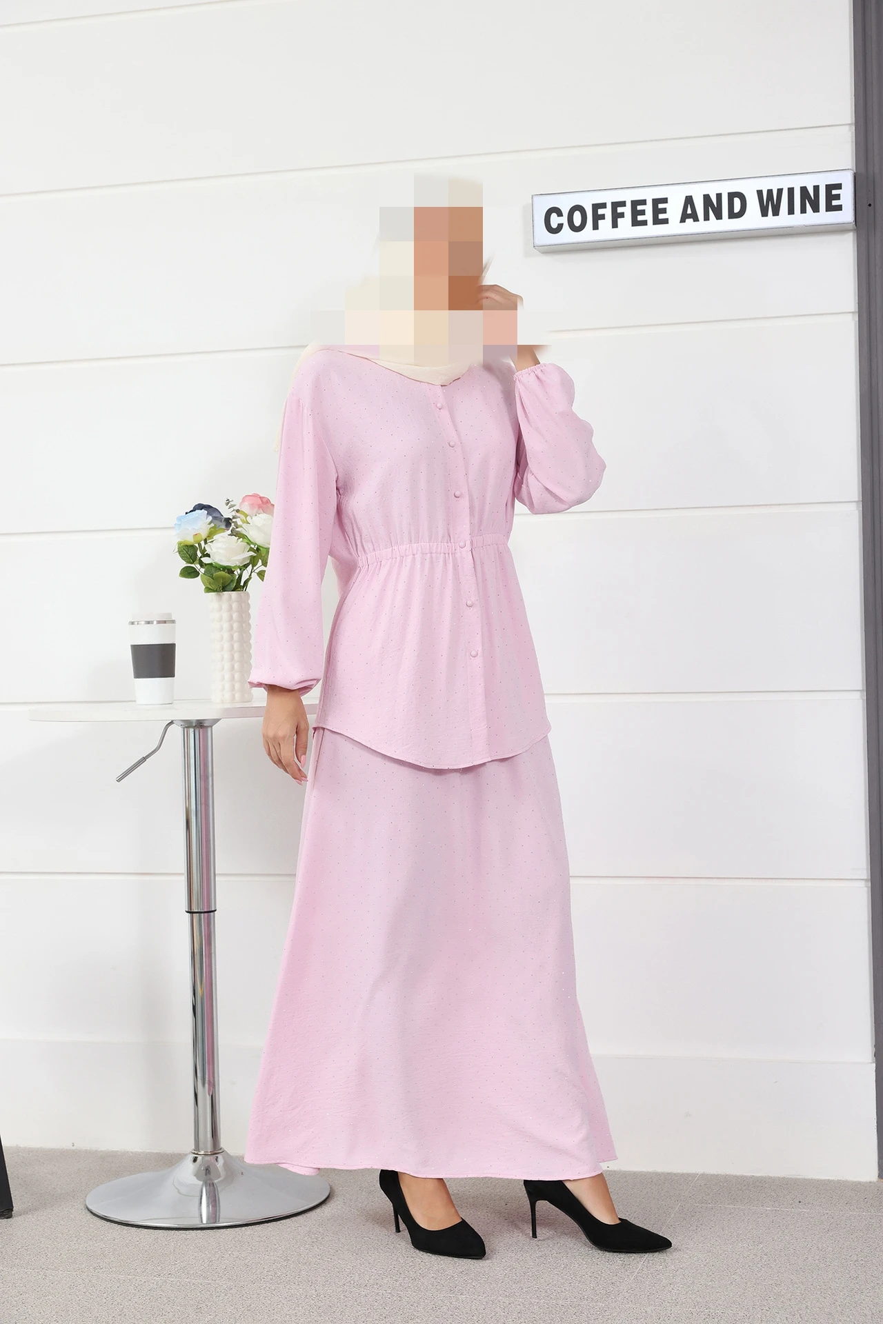 Oriente médio sle bolha sve redondo ne irt f saia conjunto feminino faion verão roupa de fibra de poliéster longo botão sve