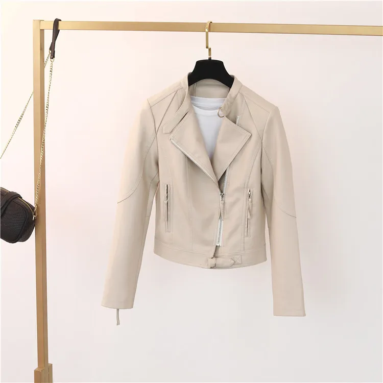 Purchase autumn leather clothes stand collar slim fitting motorcycle PU washed leather fashionable women's short top jacket