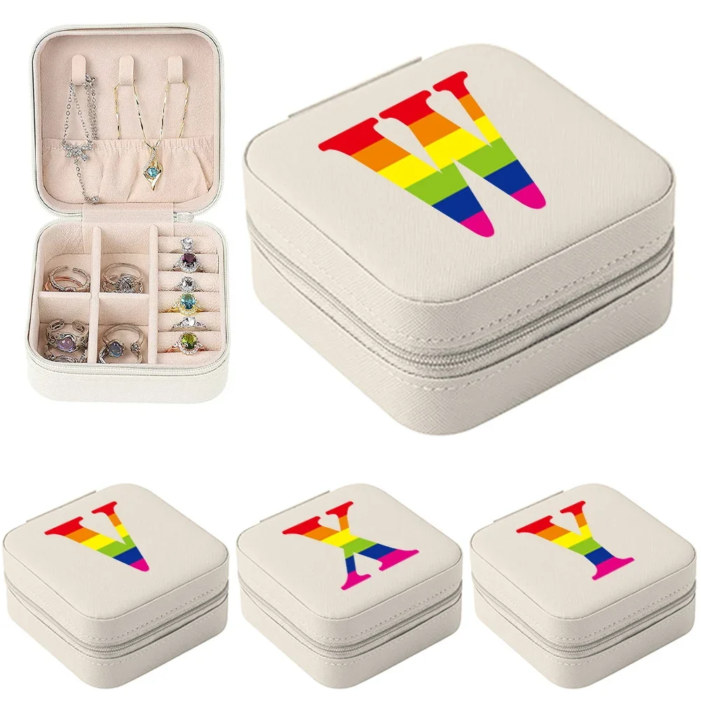 

Rainbow Letter Print Portable Travel Jewel Display Jewelry Storage Box Earrings Necklace Rings Jewelers Boxes Organizer Cases