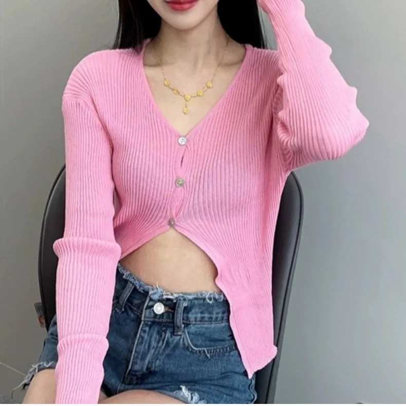 

Dongda Gate New Sle Women's Slim Fit Long Sve Knitted Cardigan Button Split Sexy Thin Strip Knitted Open irt Soft V-ne