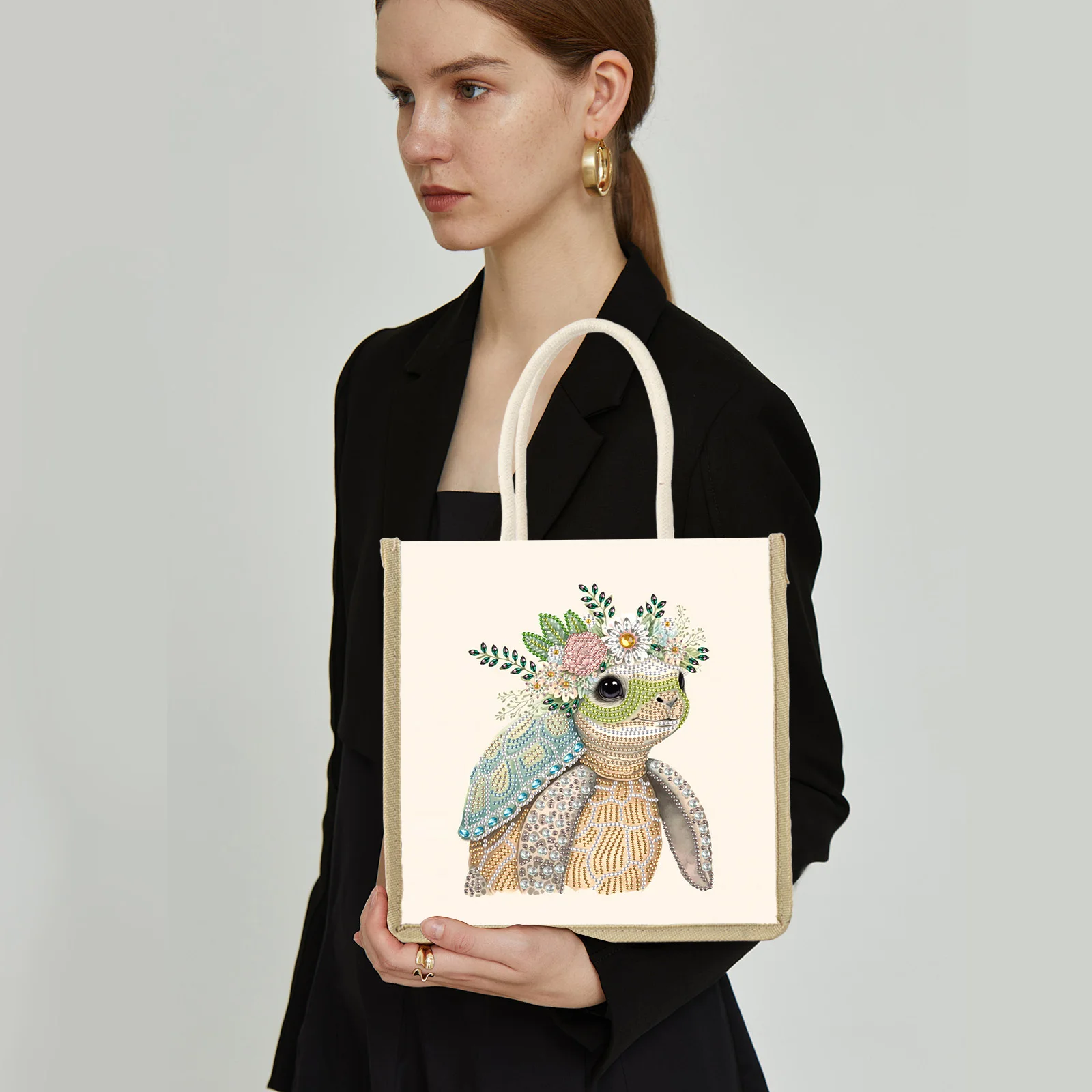 Diamond Art Painting Handbag Kit,Cute turtle DIY Special Shape Diamond Canvas Art Bag Shopping Storage Bag Craft Handmade Gift