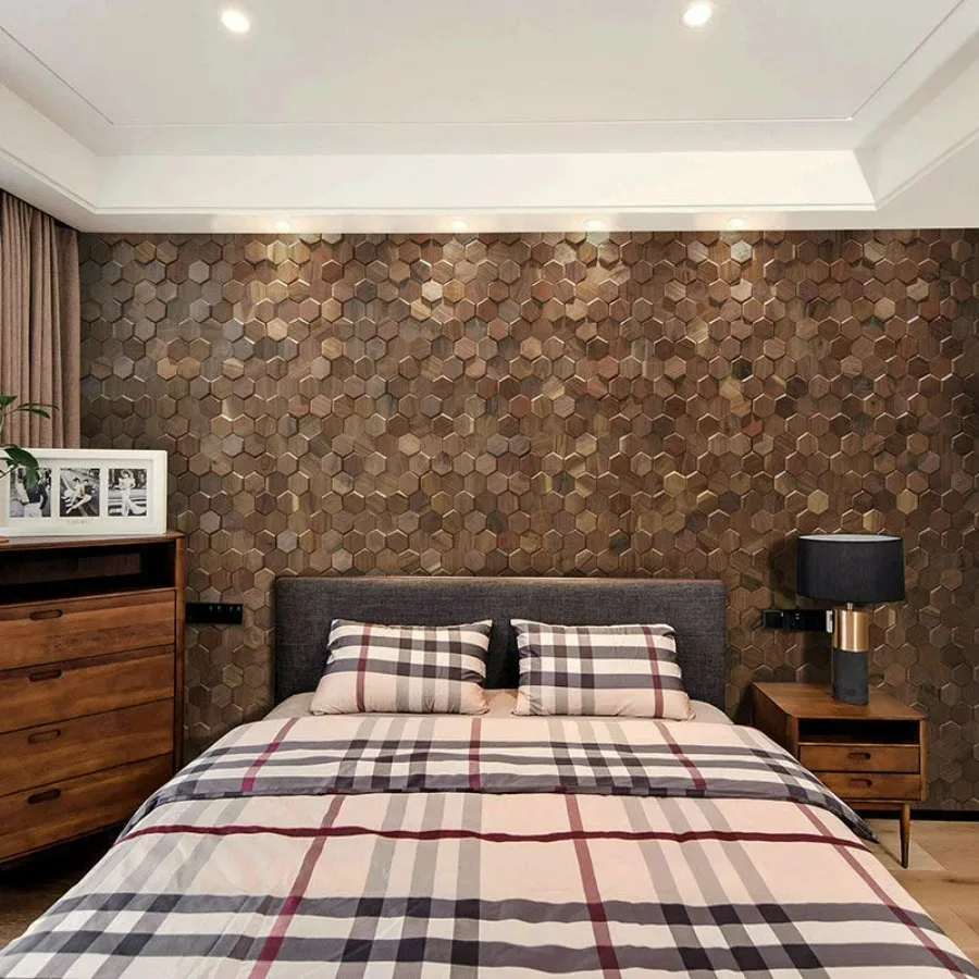 3d Wood Wall Mosaic Tile Black Walnut Modern Hexagon Wooden Panel Wall Stickers for Home Office Background Bedroom Decoration