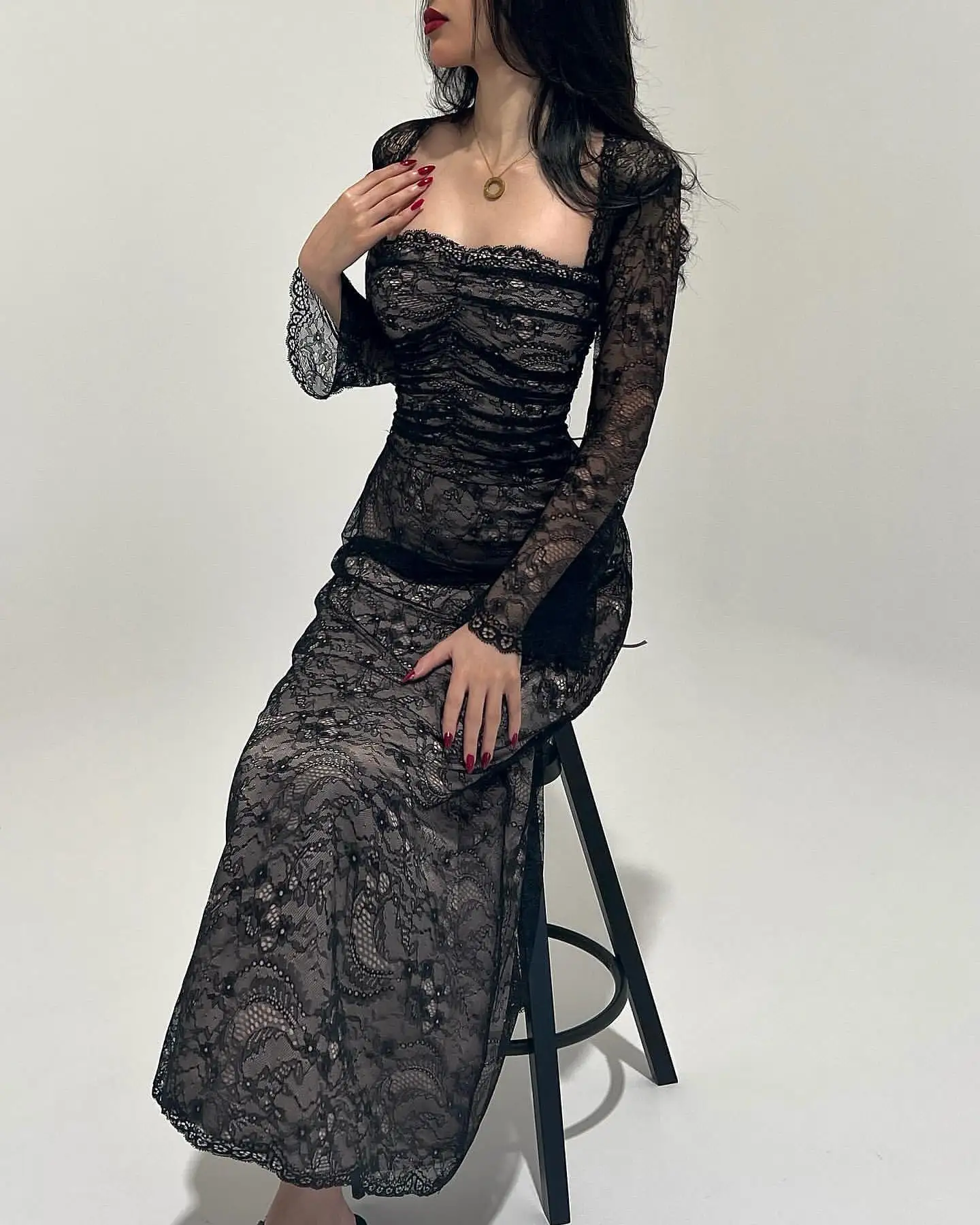 

Customized Fashion Lace Straight Evening Dress High Quality Floor Length Square Neck Long Sleeves платье вечернее Custom Made