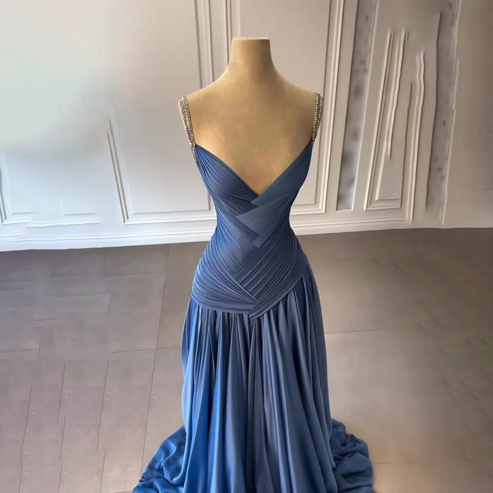 Luxury Elegant V Neck Spaghetti Strap Party Welcome Guest Prom Dress For Women Sleeveless A Line Floor Length Vestidos De Novia