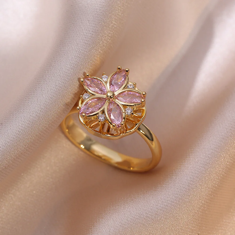 Pink Zircon Flower Ring & Stud Earrings Necklace Bracelet Set