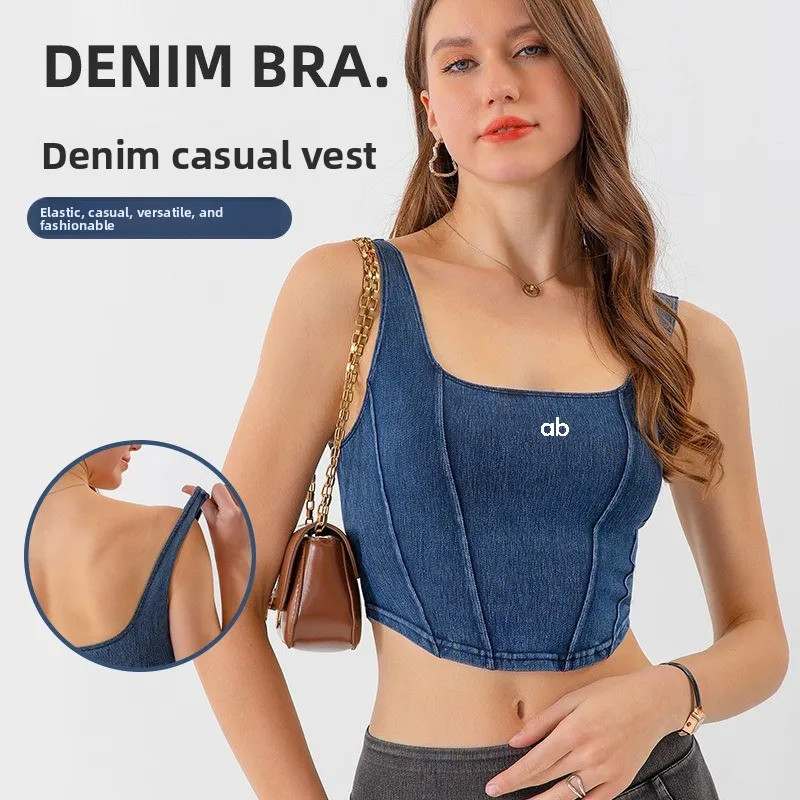 Women New Denim Yoga Sports Vest U‑Shaped Back Elastic Slim Quick Dry Fitness Crop Top For Outer Wear