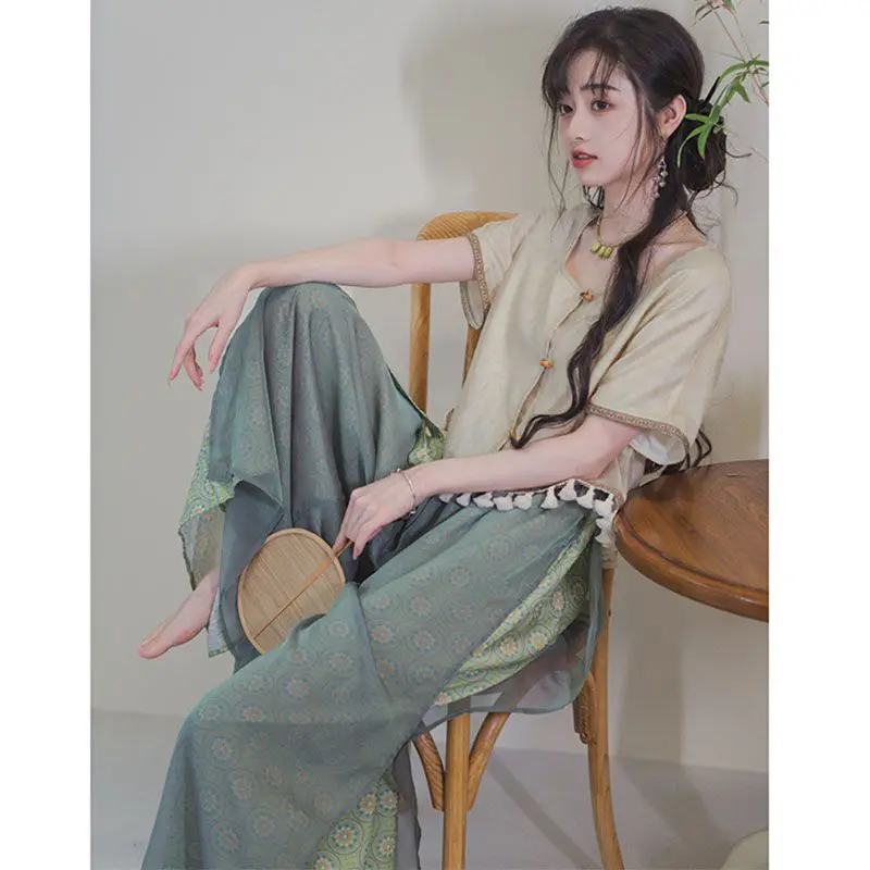 

New Chinese Ancient Style Immortal Style Set for Women's SummerVivid and Cute Tassel Short Sleeve TopZen Drip Feel Casual Pants