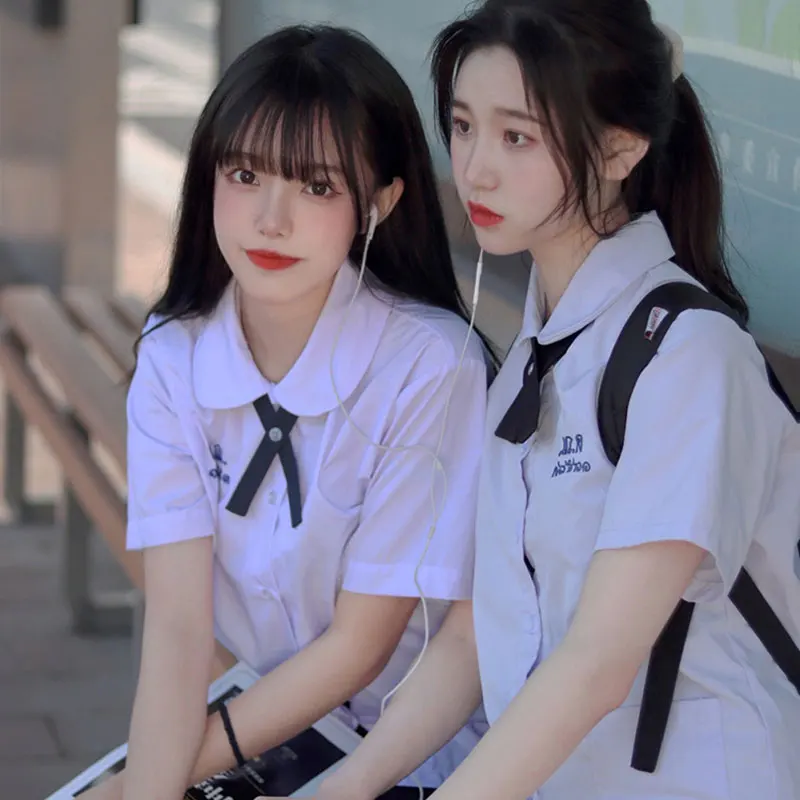 Thai School Uniform Round Neck JK Uniform Class Student Shirt Uniform Thailand Shirt Seifuku Girl High School Pleated Skirt Set