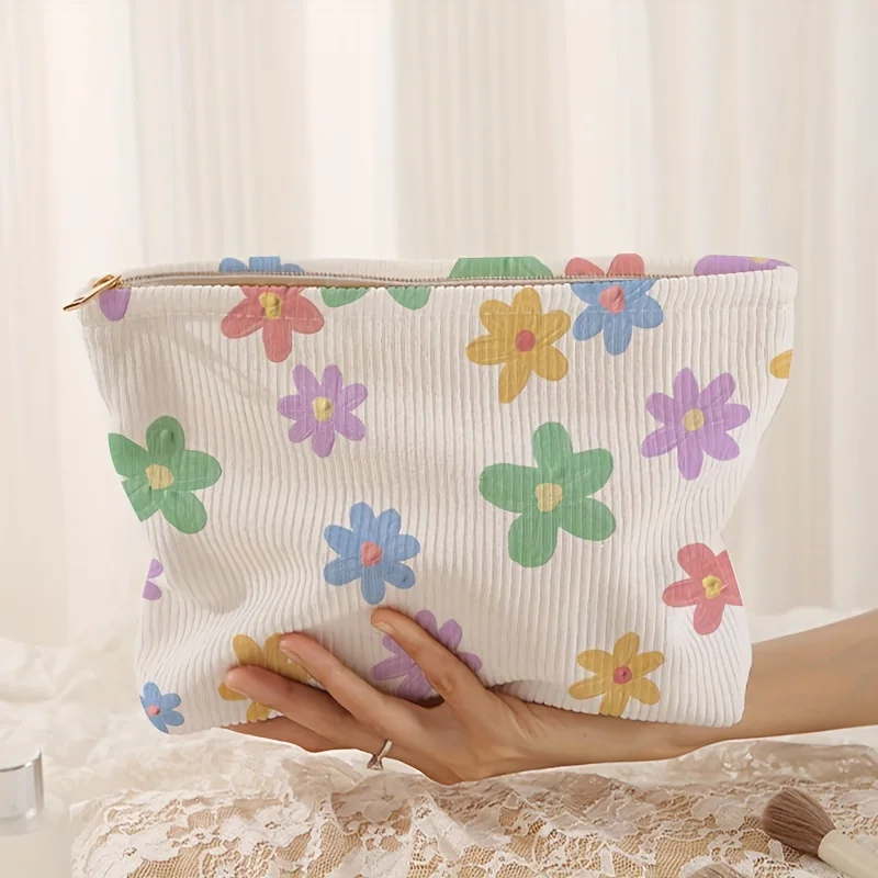 Colorful Floral Pattern Printed Corduroy Zippered Makeup Bag  Lightweight Makeup Bag Multifunctional Wash Bag