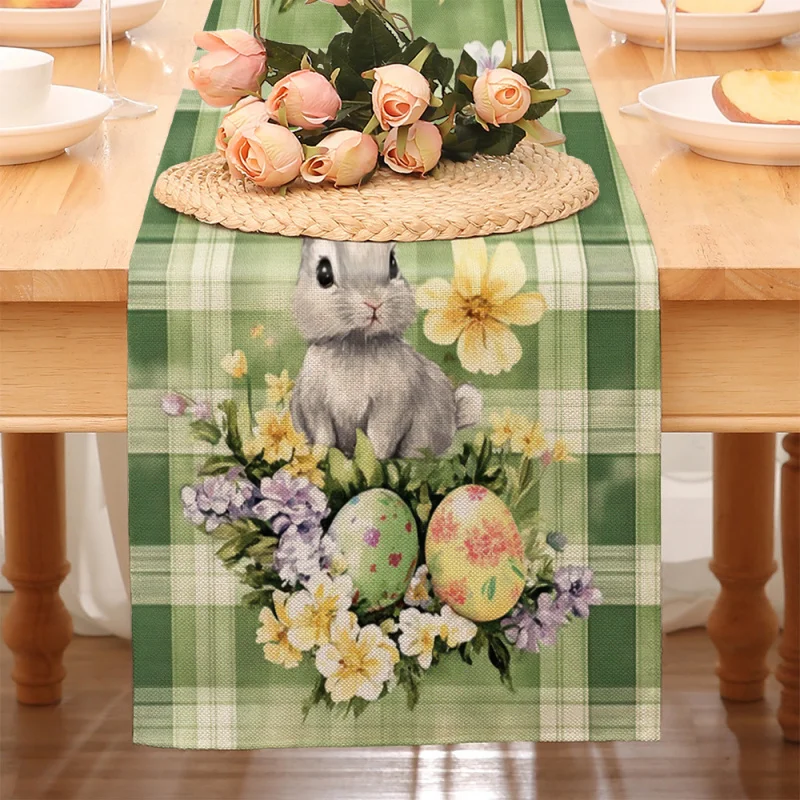 VIKAMA Easter Bunny Table Runner Green Plaid Watercolor Rabbit & Egg Print Table Cloth for Spring Holiday Kitchen Dining Decor