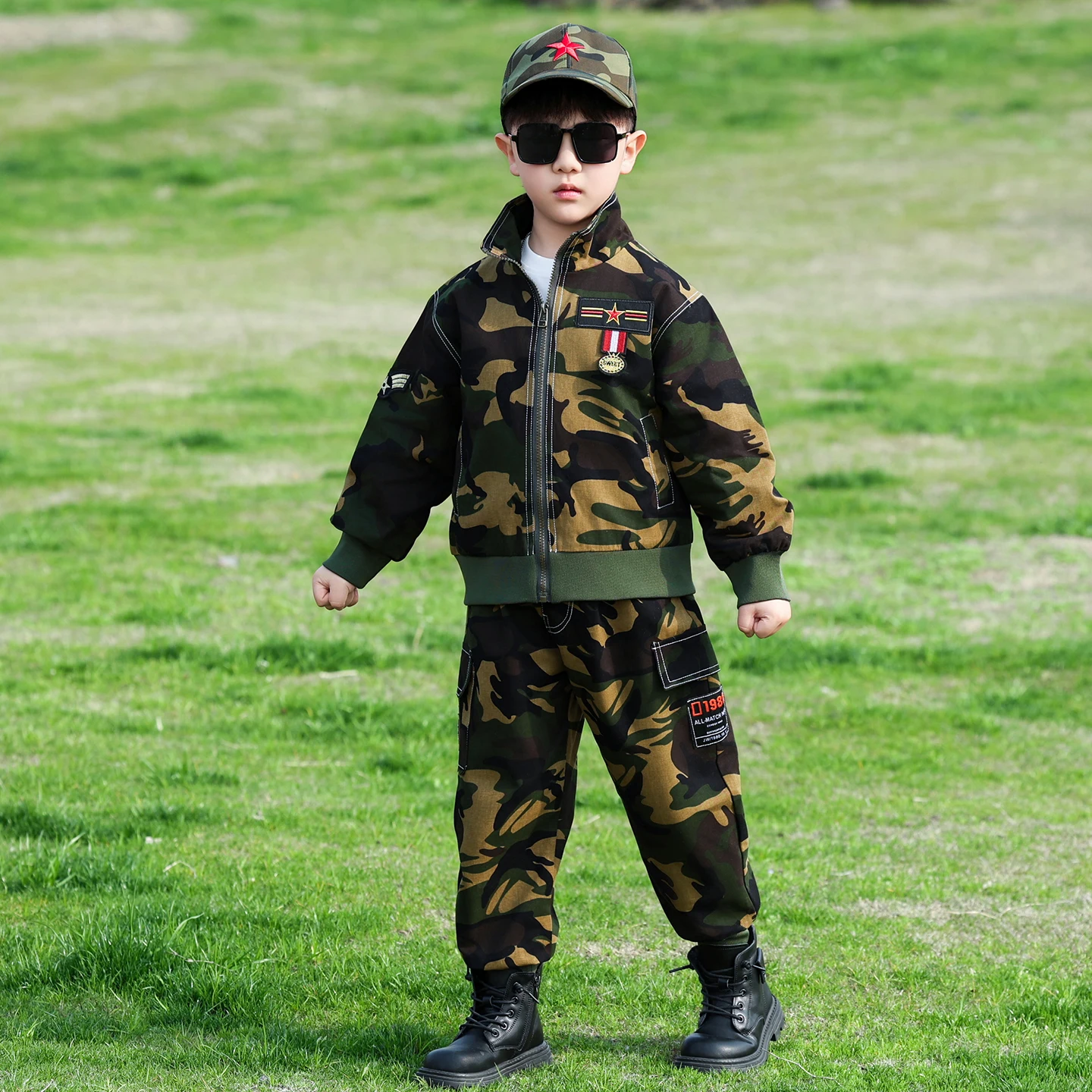 迷彩服セット-子供用-春秋-軍事訓練パフォーマンス-特殊部隊-男の子-スポーツ衣装-綿混紡
