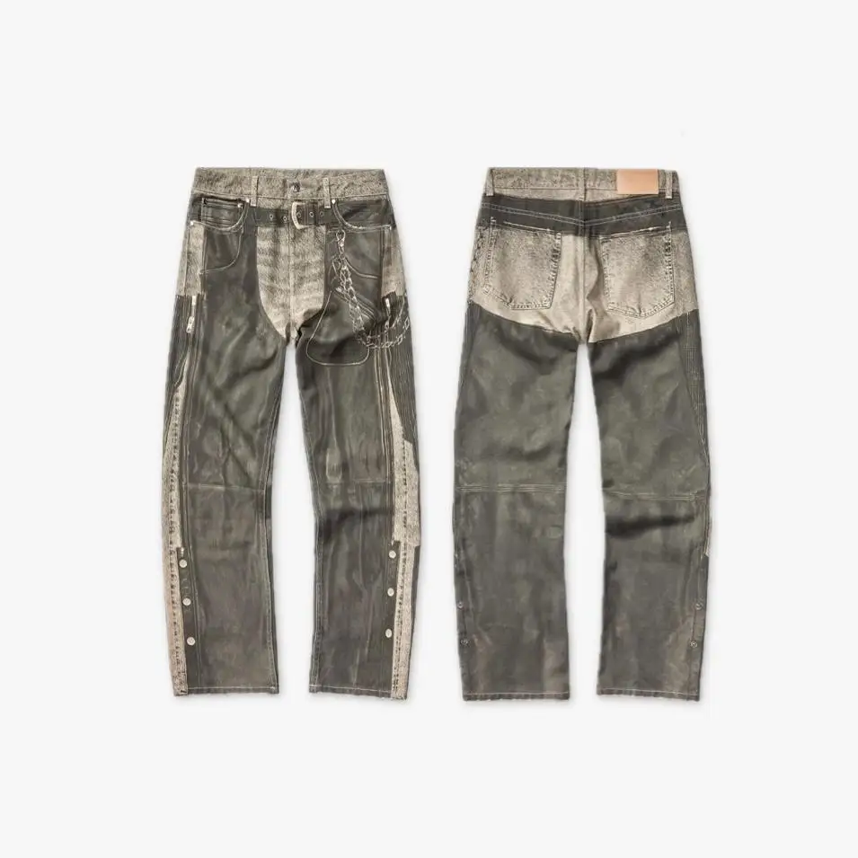 Heavyweight Deconstructed Spliced Denim Pants Men Women Washed Distressed Zipper Street Flare Jeans