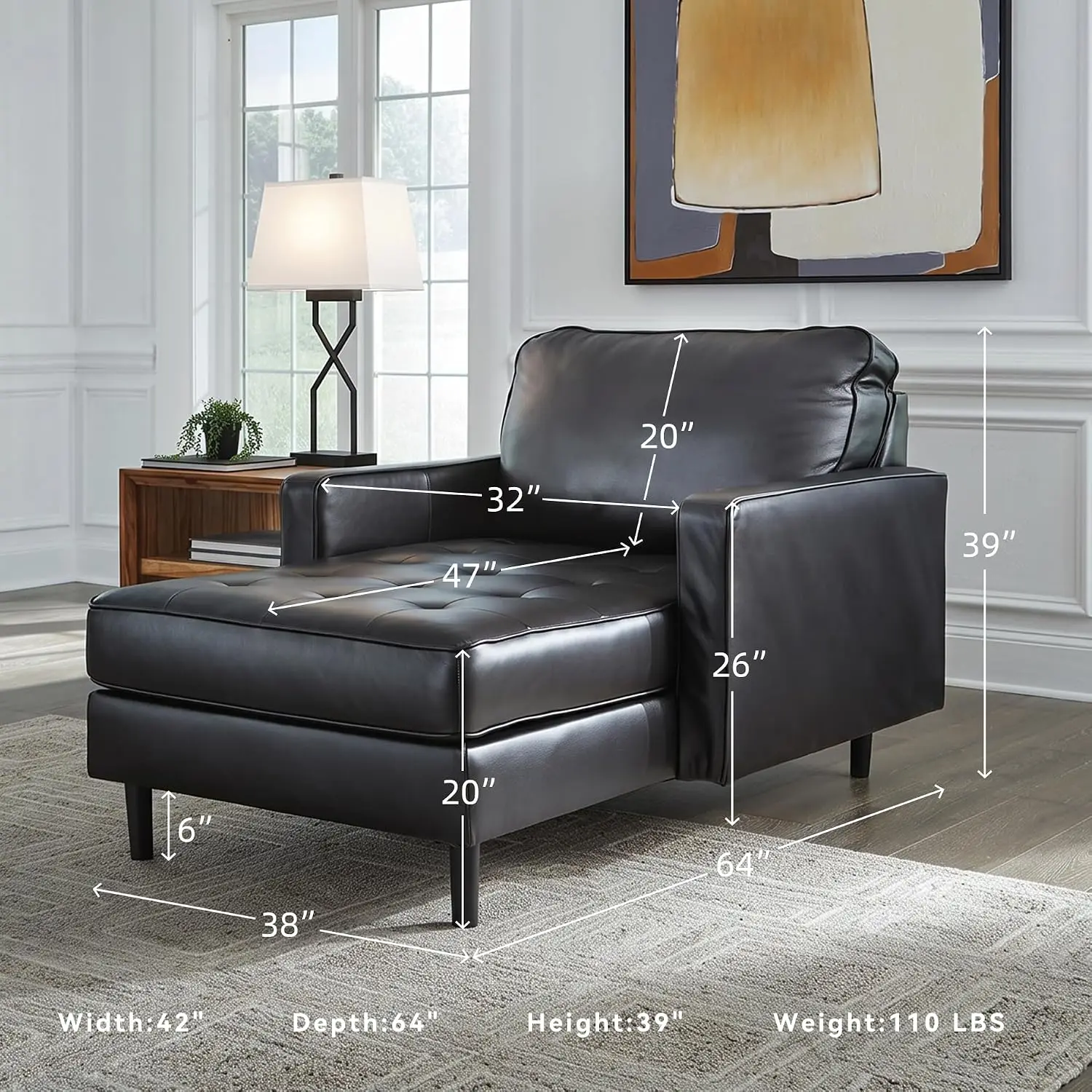 Bryceview Modern Tufted Chaise Lounge, No Assembly Required, Combination of Leather and Faux Leather, Indoor Relaxation, Black,