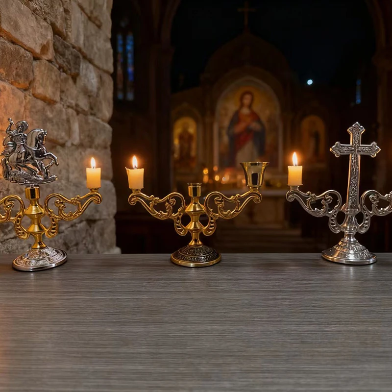 Neuer dreifarbiger St.-Georgius-Altar-Kerzenhalter mit Doppelbechern für Kirchenliturgie, Gebet, religiöse Andacht, christliche Dekoration, Geschenk – Detail 4