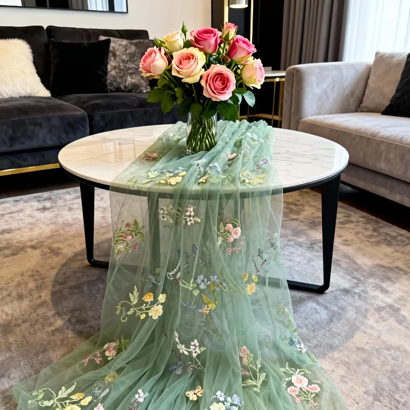 1pc 75x180cm Table Runner, Embroidered Sage Green Tulle with Butterfly Flower Design, Ideal for Weddings Spring/Summer Parties