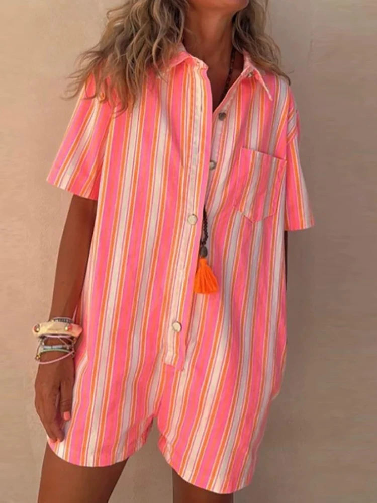 Fashion Striped Loose Short Playsuit Temperament Single Breasted Straight Leg Office Jumpsuit Casual Lapel Short Sleeved Romper