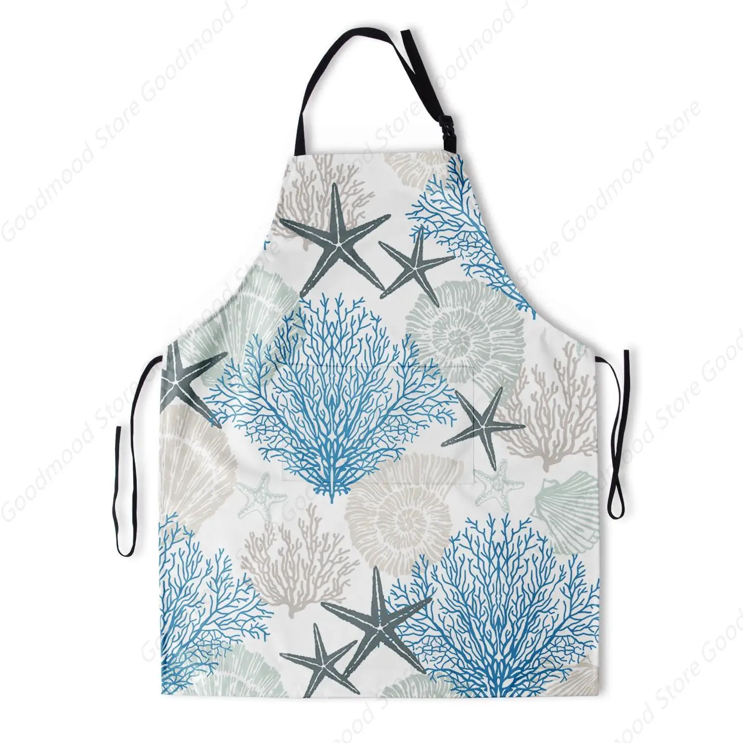 

Морской синий коралловый фартук Прибрежные фартуки в виде морской звезды с карманами Кухонный фартук на тему океанского пляжа с шейным ремешком Фартуки