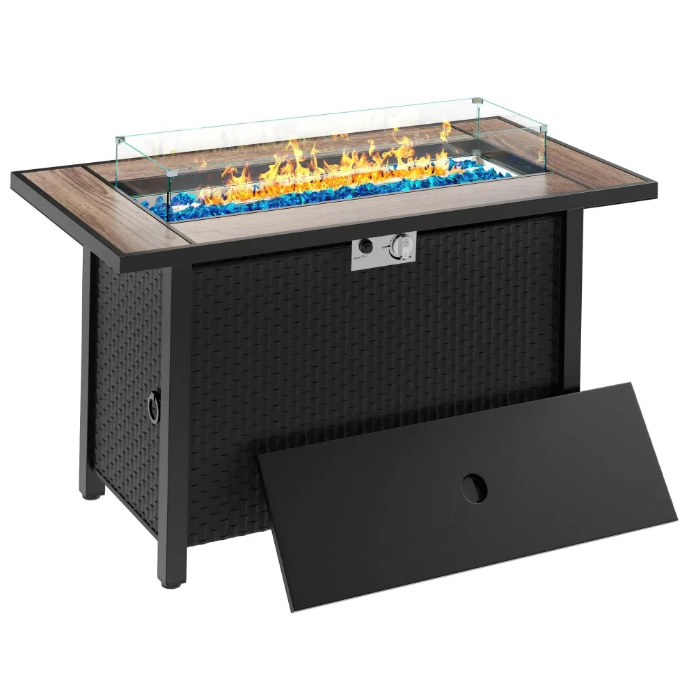 45in Fire Table, Propane Fire Pit with Red Lava Rocks and Rain Cover, Outdoor Firepit Table with Tile Top 50000 BTU
