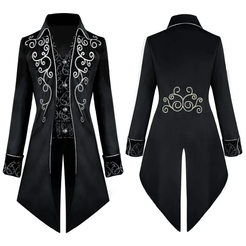 Medieval Retro Long Silver Edged Tuxedo Men's Coat Clothing