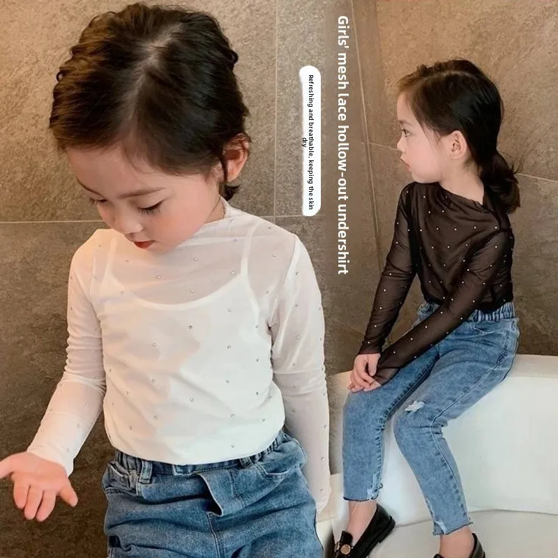 Girls Mesh Top Long-sleeved Hollow Mesh T-shirt Children's Transparent Sequins Fashion New Style Outer Bottoming Shirt