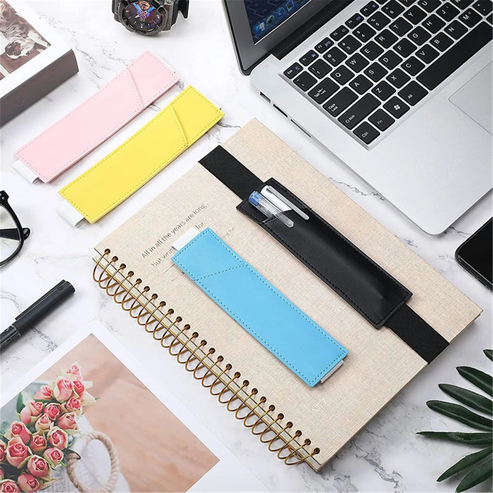 Adjustable Elastic Band Pen Holder Simple Color PU Pen Sleeve Pouch Large Capacity Square Students Notebook Pen Holder