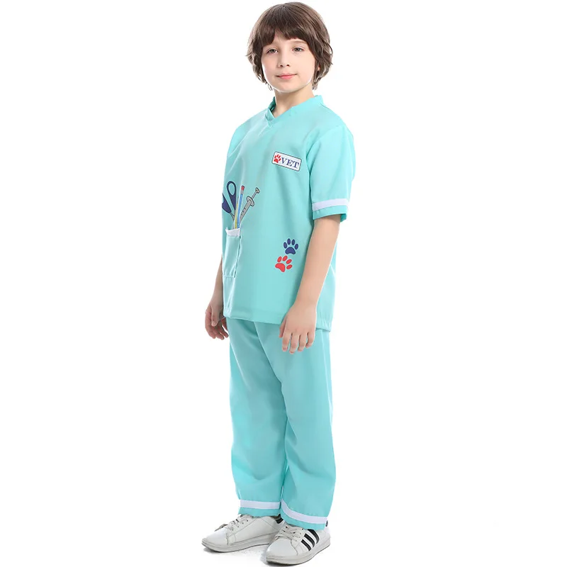 Boys Girls professional Doctor Cosplay veterinary Uniform Costume Halloween Kid with Accessories blue uniform 109