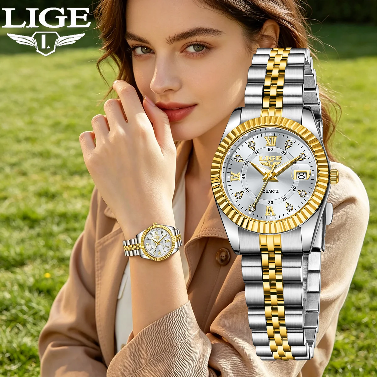 

LIGE 2026 Elegant Women Watch Fashion Calendar Diamond Quartz Wristwatches Luxury Stainless Steel Watches for Woman Reloj Mujer