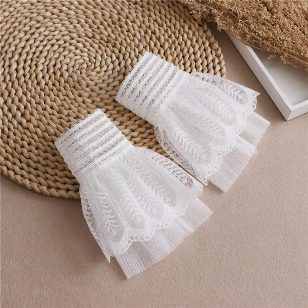 1 Pair Versatile Elegant Fake Cuffs Detachable Solid Color Lace Sleeves Embroidery Pattern Thin Decorative Wristband For Women