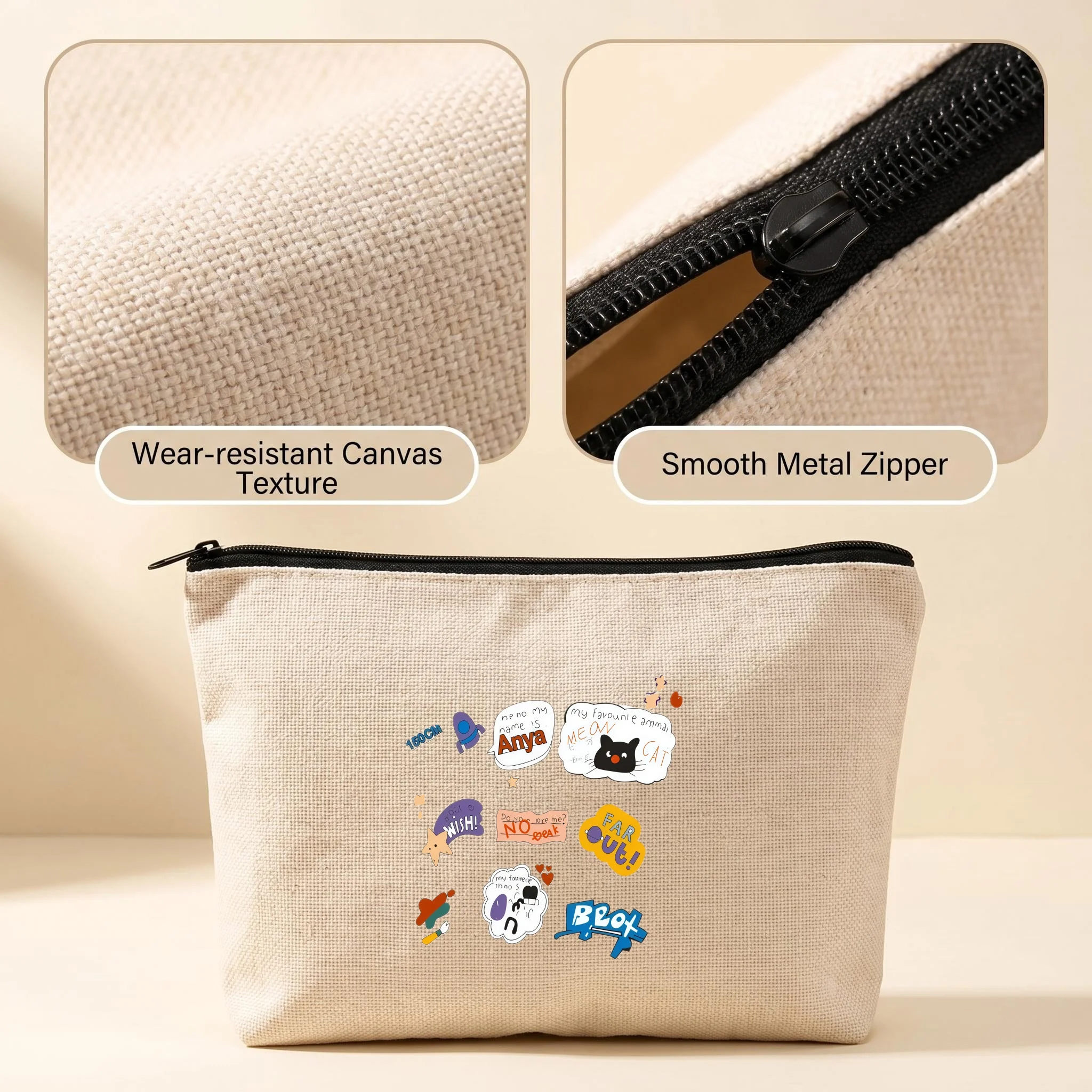 1PC Mixed Cartoon Stickers Cosmetic Bag Canvas Zipper Makeup Storage Pouch