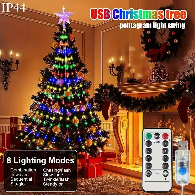 USB Waterfall Lights with Remote Control，8 Modes Dimmable, Waterproof Fairy Lights for Christmas Bedroom Garden Decoration