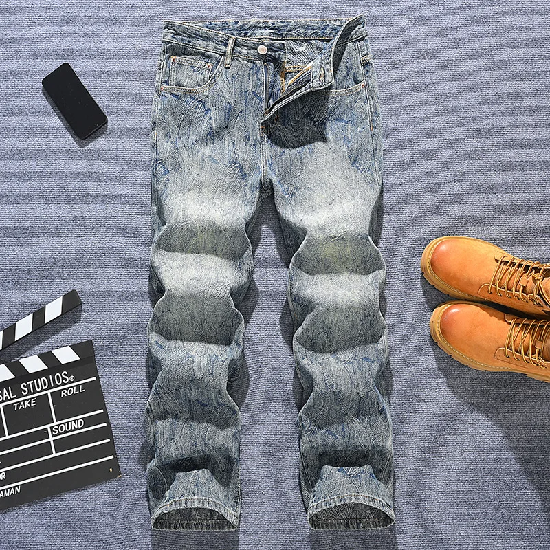 Свободные мужские джинсы прямого кроя, модный вышитый принт, модный уличный стиль, элитные ретро и крутые брюки Y2K.