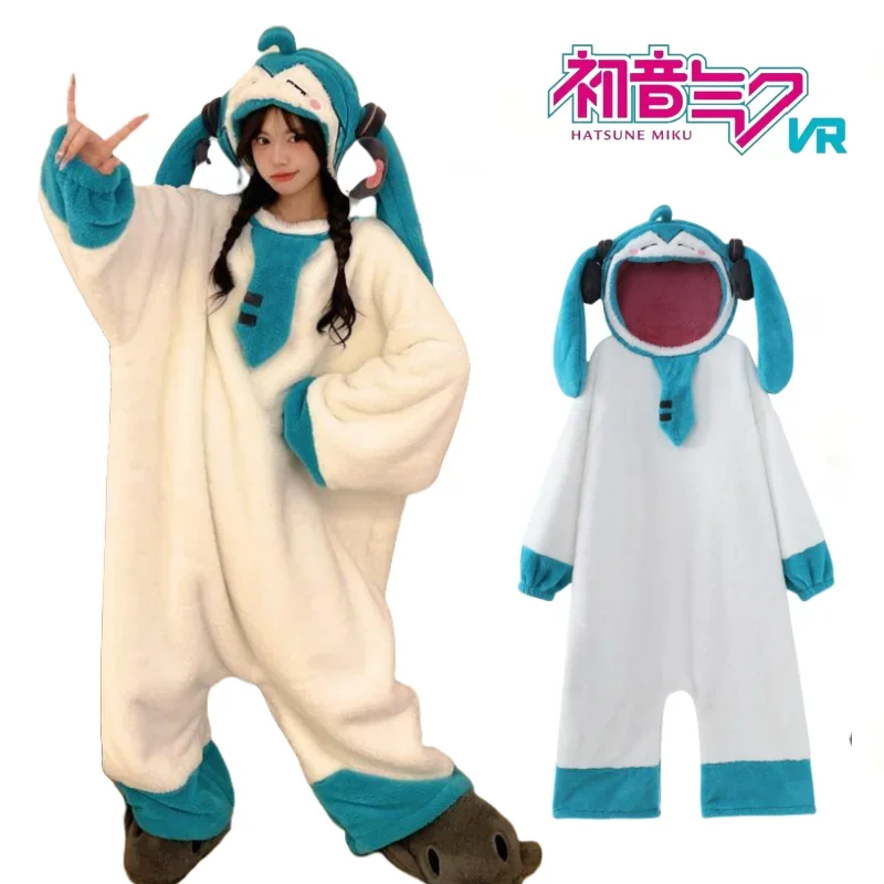 Hatsune Miku Plush Hooded Pajamas Funny Cartoon Cute Pajamas Warm Soft Loungewear Schoolgirl Holiday Gift Anime Couple Thickened