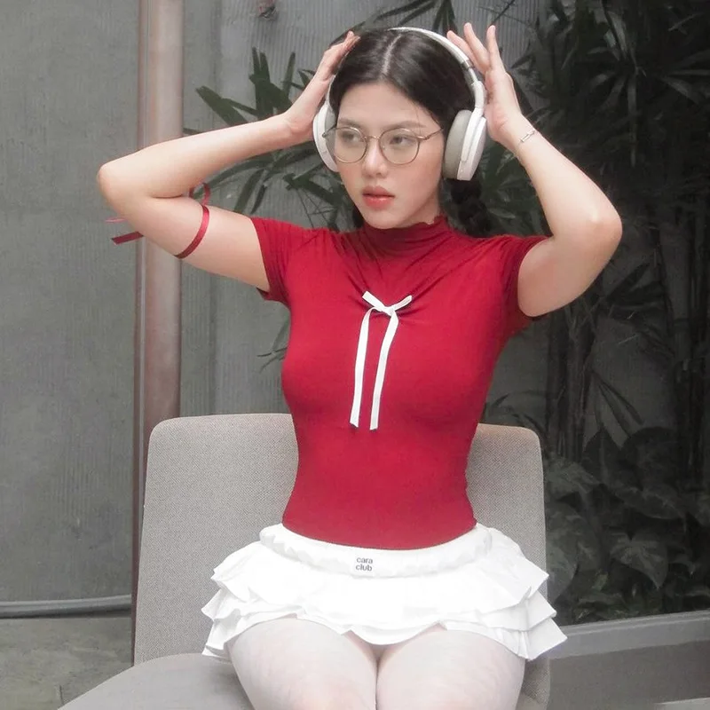 Red T Shirt  Y2K Cloths For Women Summer Cutecore Bow Short Sleeve Skinny High Collar Tops Korean Fashion