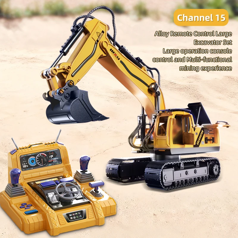 RC Excavator with Metal Shovel LED Light Large Console Remote 2.4GHz 15CH Construction Vehicle for Boys Kids 6+ Birthday Gifts