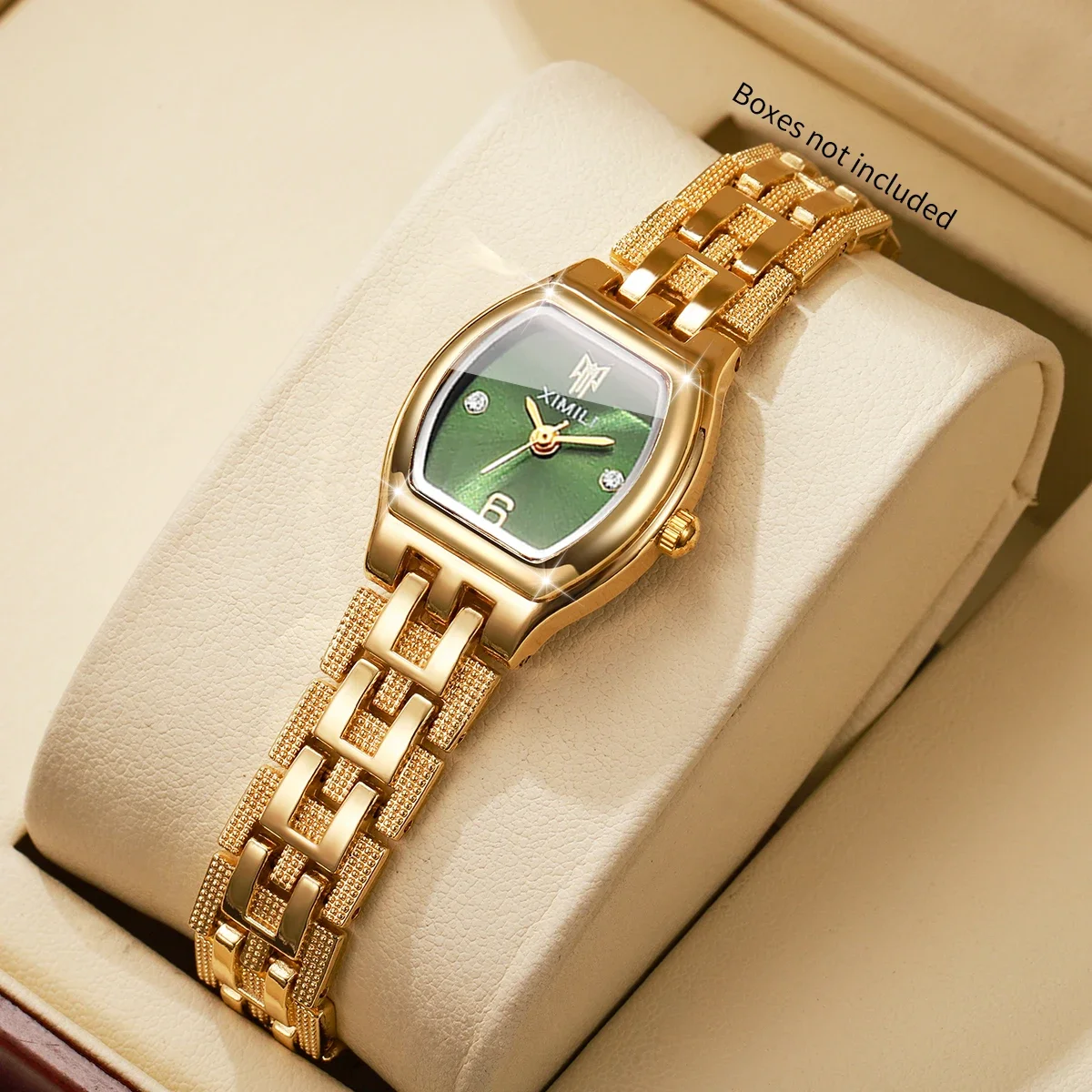 Fashion Women Quartz Watch Tonneau Green Dial Golden Bracelet Strap Ladies Dress Wristwatches Relogio Feminino（Without Box）