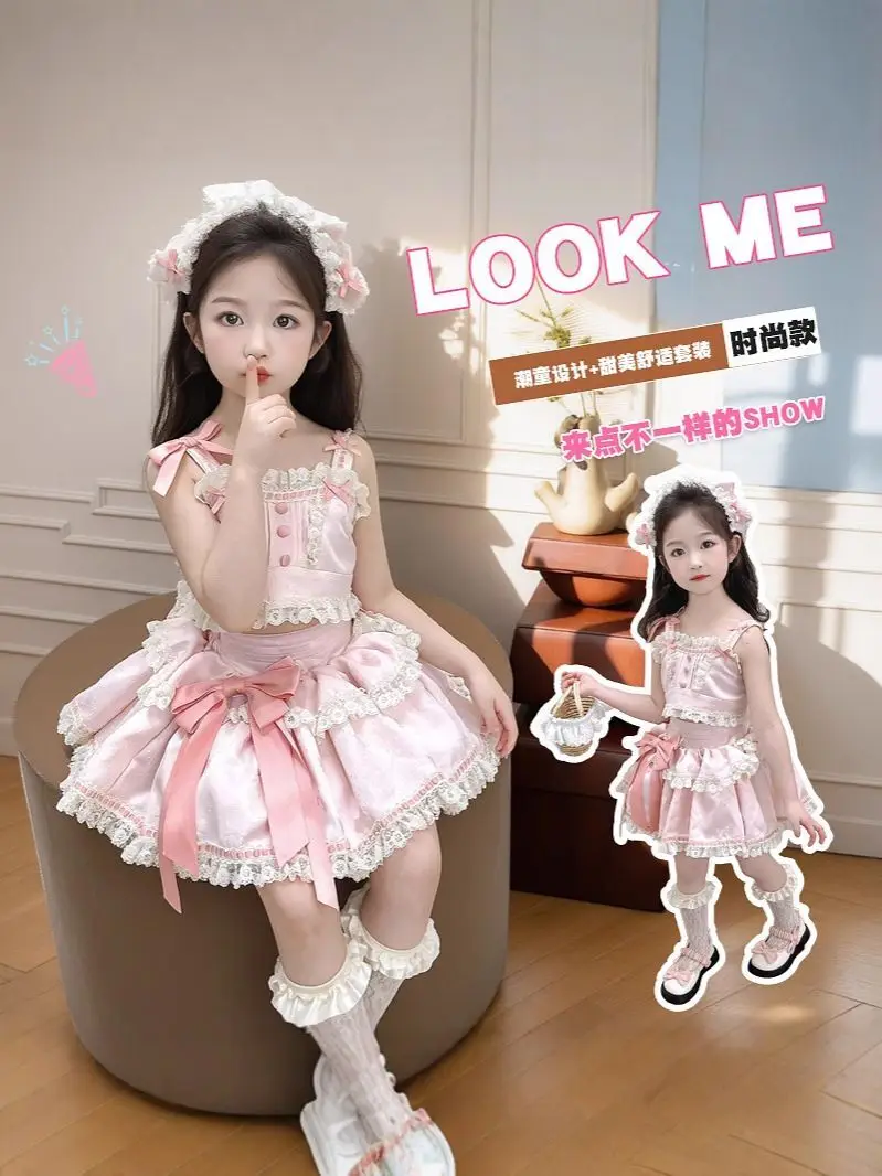 Girls Suit 2026 Summer New Childrens Clothing Korean Style Girl Baby Sweet Bowknot Halter Vest Lovely Lace Half Skirt Three Sets
