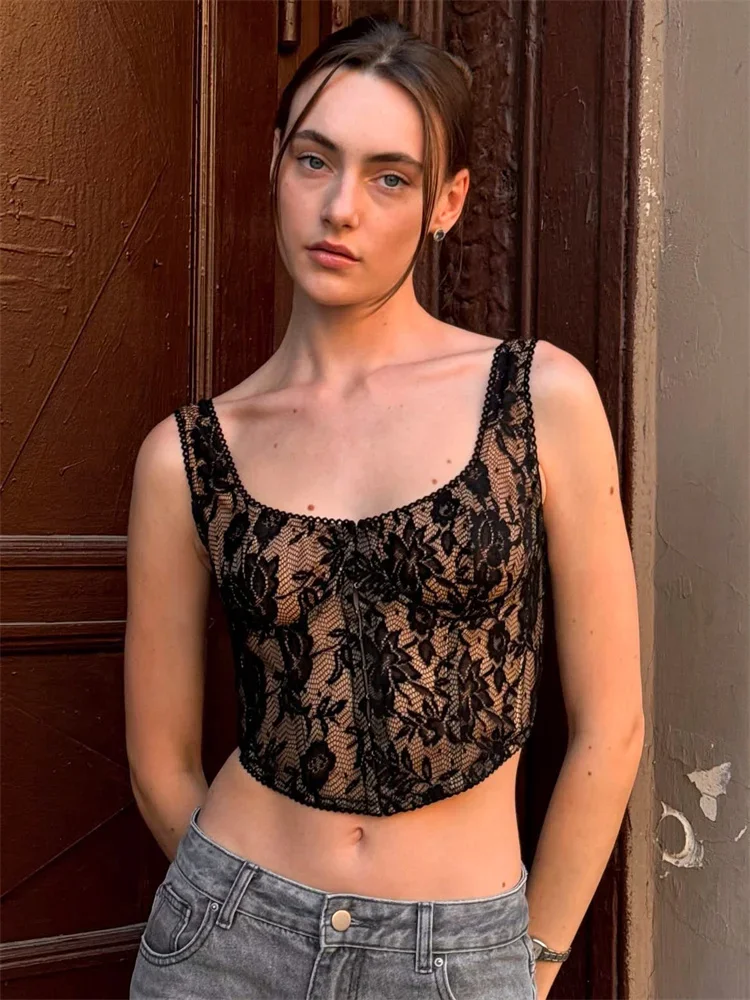 

Sexy Lace Printed Tank Top Pullover Women's Backless Patchwork Summer Fashion Elegant Cropped Top Female Lace Tanks Vest