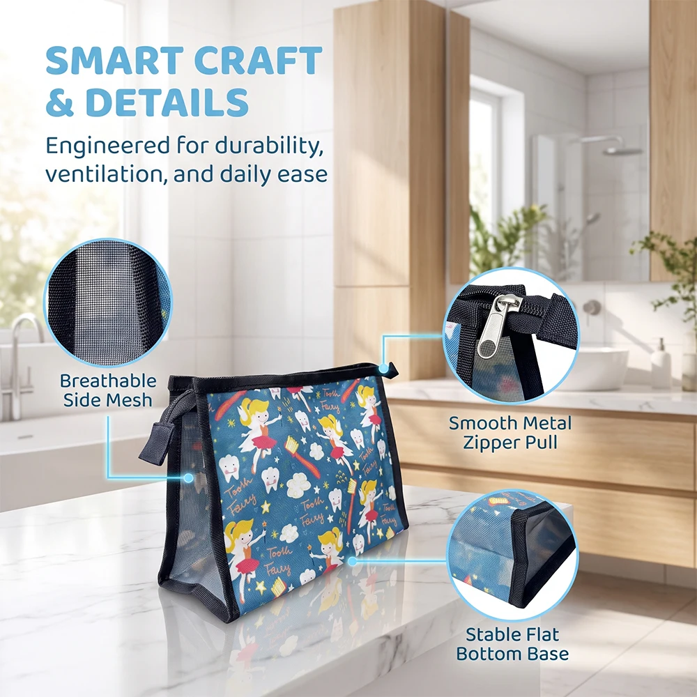 1pc Tooth Fairy Mesh Cosmetic Bag Portable Travel Toiletry Bag Cartoon Teeth Print Makeup Zipper Pouch Organizer Dentist Gifts